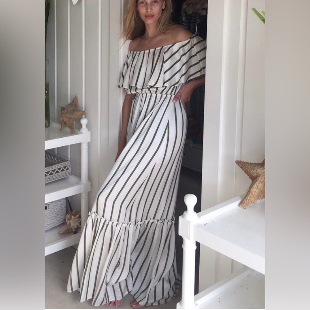 Astier New York Amal Striped Maxi Dress Pink Green XS Ruffle 100% Silk $595
